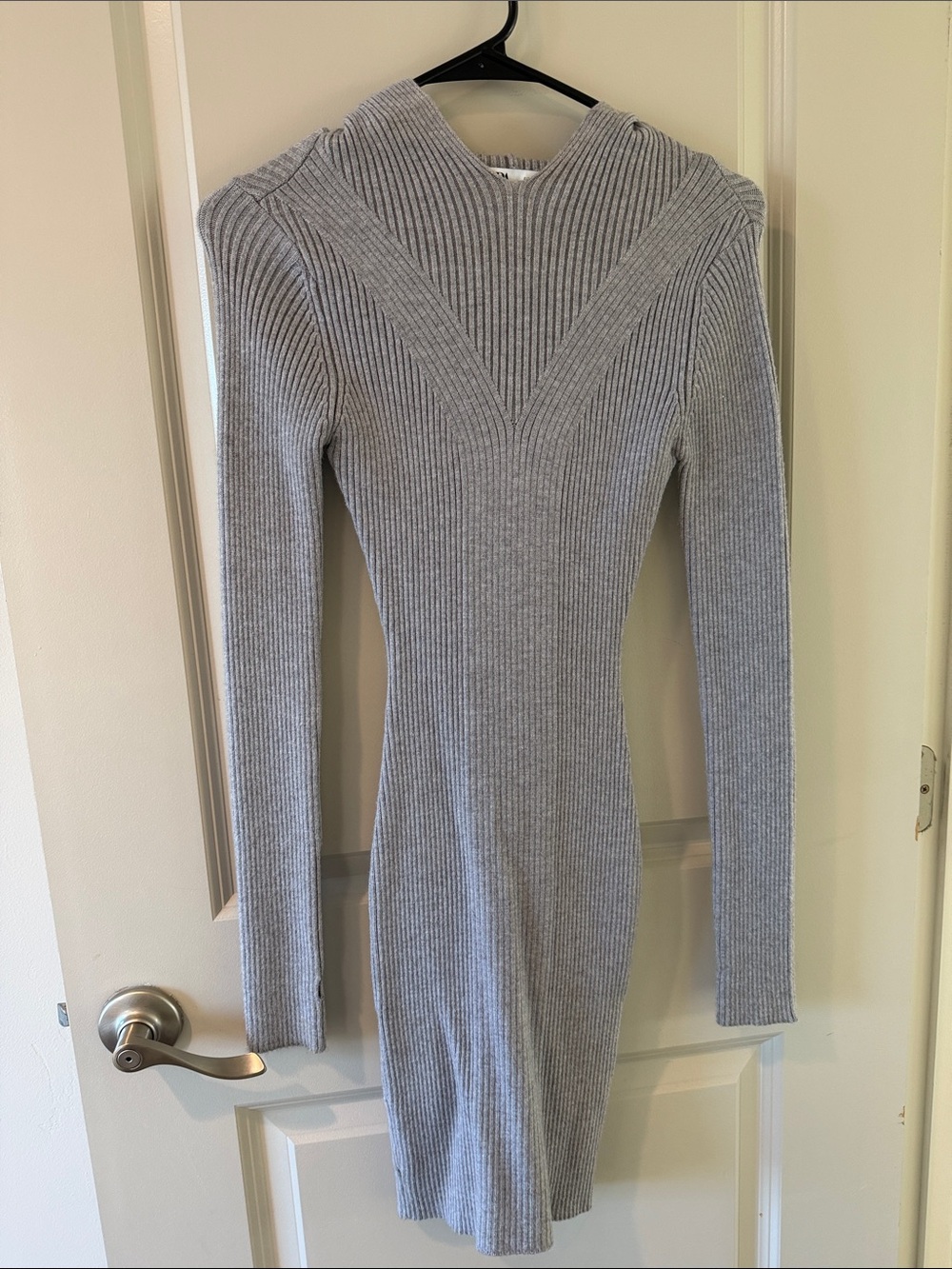 Zara Light Gray Ribbed Hooded Long-Sleeve Bodycon Dress